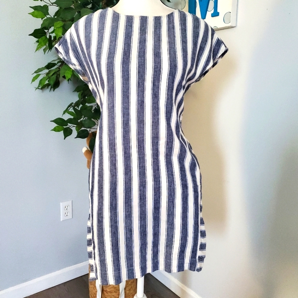 MADEWELL Linen Oversized Striped Button Back Shift Dress With Pockets!!